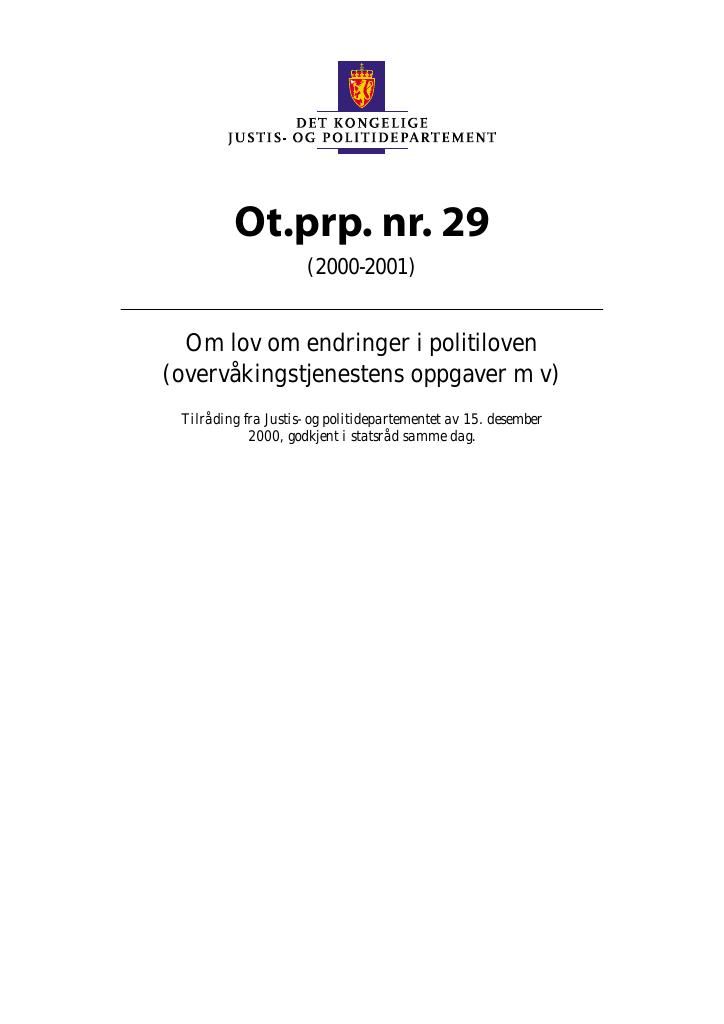 Forsiden av dokumentet Ot.prp. nr. 29 (2000-2001)