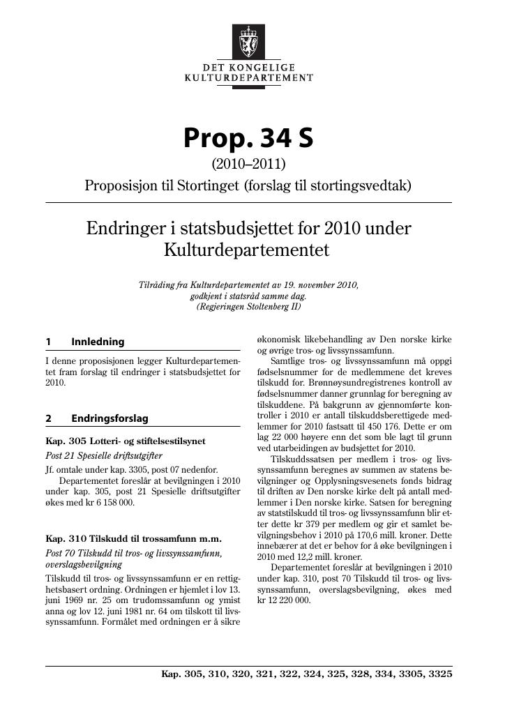Forsiden av dokumentet Prop. 34 S (2010–2011)