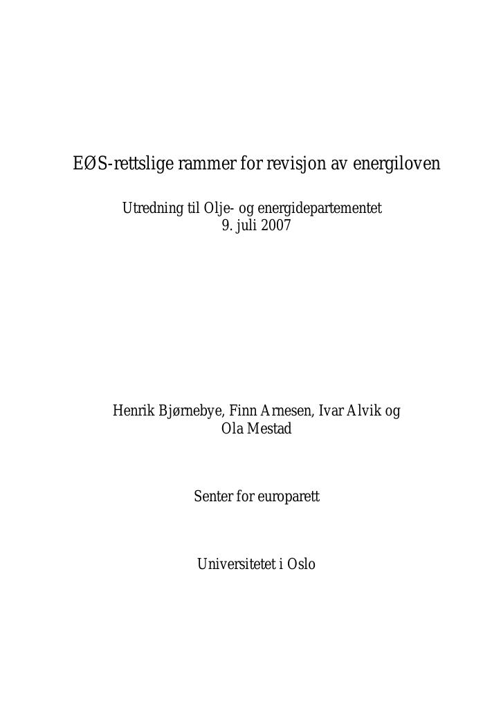 Forsiden av dokumentet EØS-rettslige rammer for revisjon av energiloven