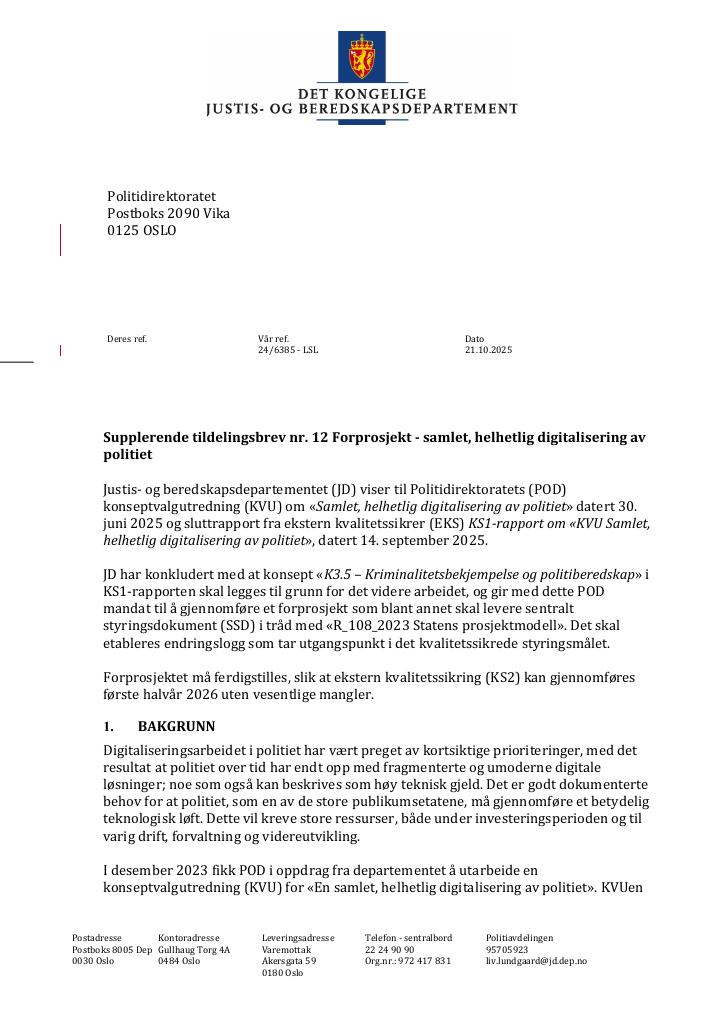 Forsiden av dokumentet Tildelingsbrev Politiet 2025 - tillegg nr. 12