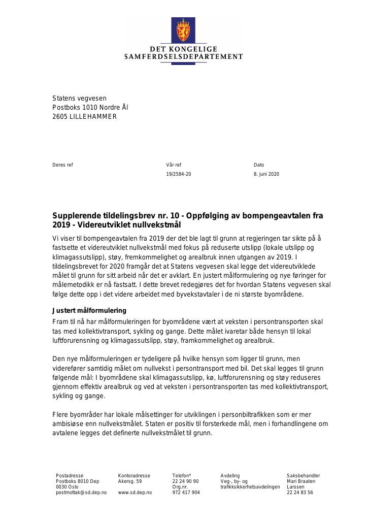 Forsiden av dokumentet Supplerende tildelingsbrev Statens vegvesen 2020 - nr. 10