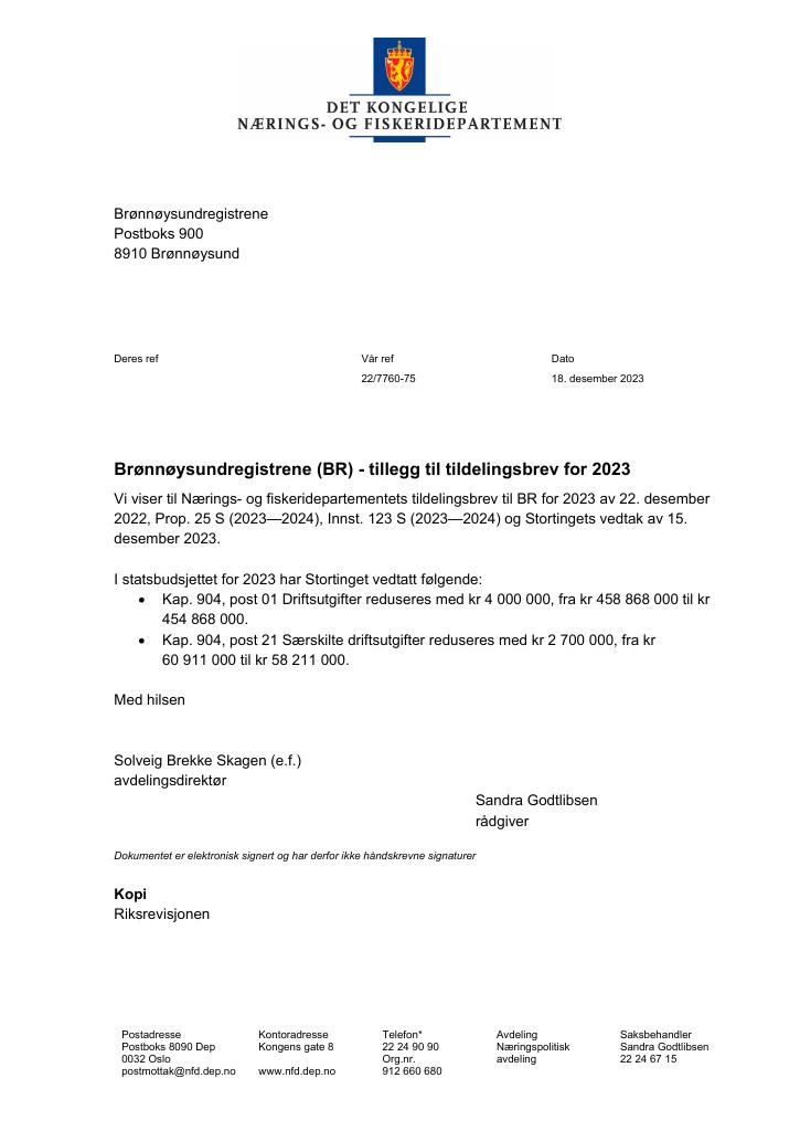 Forsiden av dokumentet Tildelingsbrev Brønnøysundregistrene 2023 - tillegg