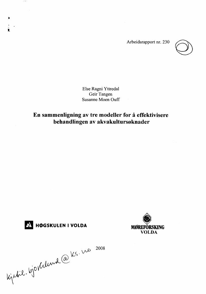 Forsiden av dokumentet En sammenligning av tre modeller for å effektivisere behandling av akvakultursøknader