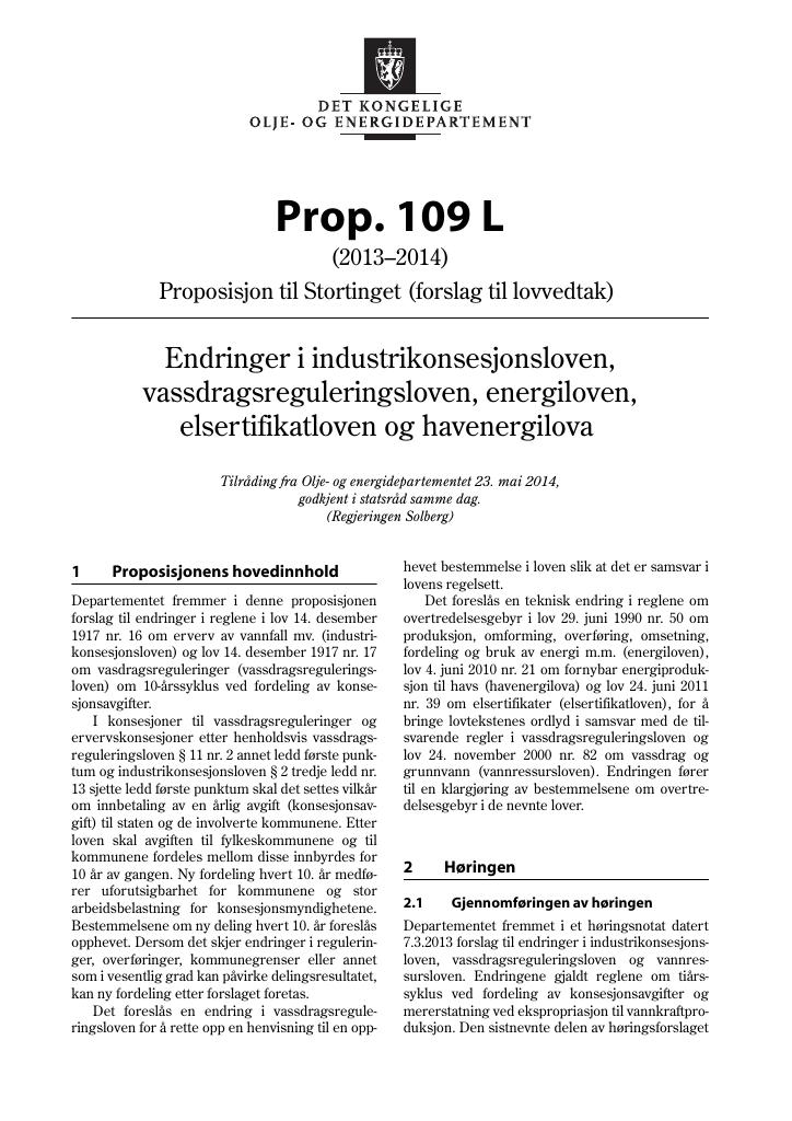 Forsiden av dokumentet Prop. 109 L (2013–2014)