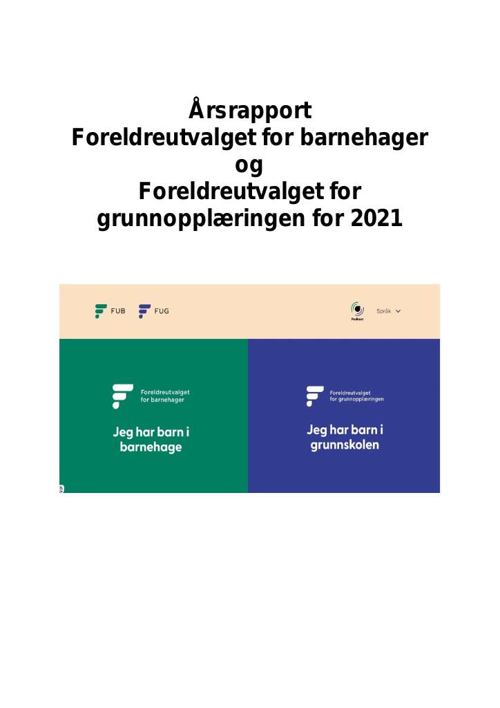 Forsiden av dokumentet Årsrapport Foreldreutvalget for grunnopplæringen og Foreldreutvalget for barnehager 2021