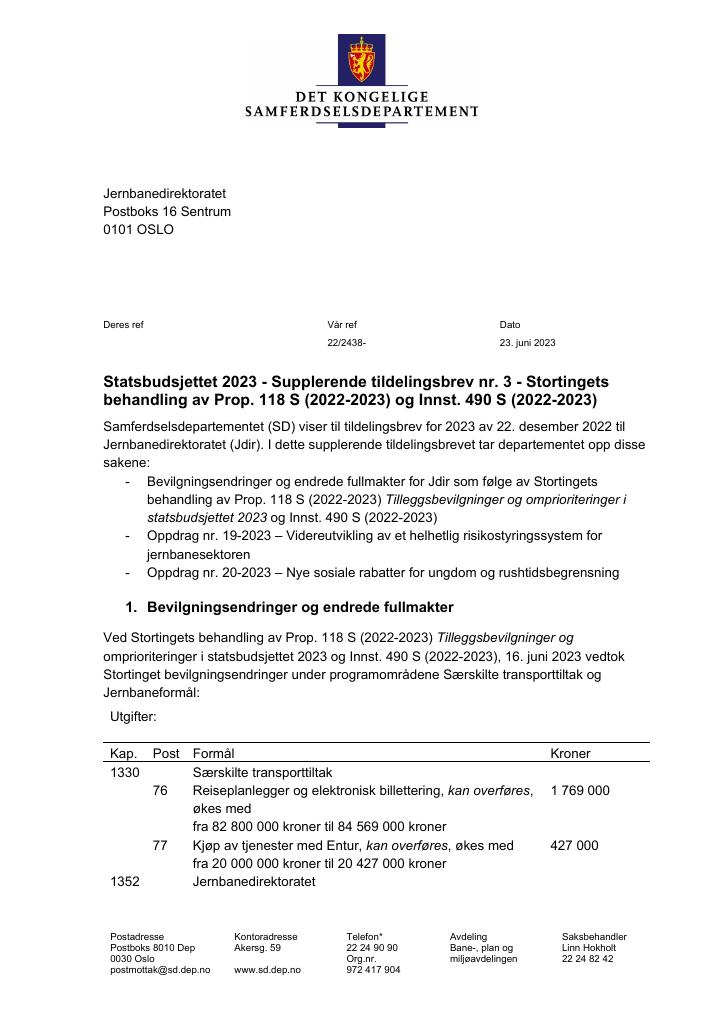 Forsiden av dokumentet Tildelingsbrev Jernbanedirektoratet 2023 - tillegg nr. 3