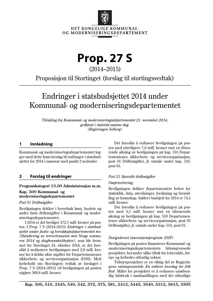 Forsiden av dokumentet Prop. 27 S (2014–2015)