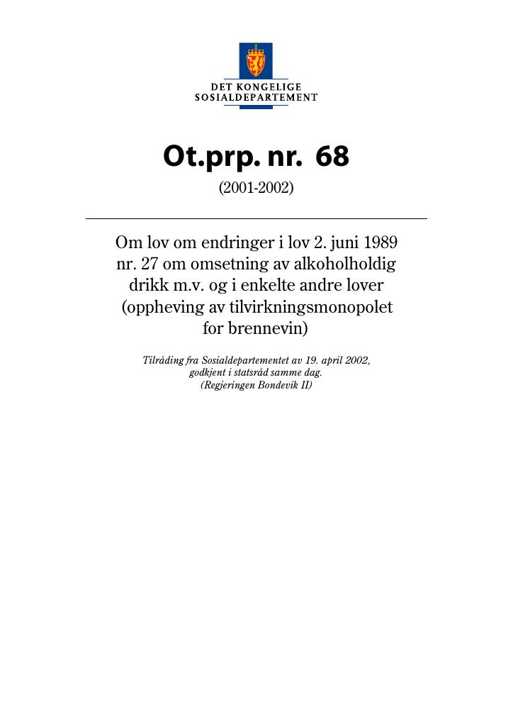 Forsiden av dokumentet Ot.prp. nr. 68 (2001-2002)