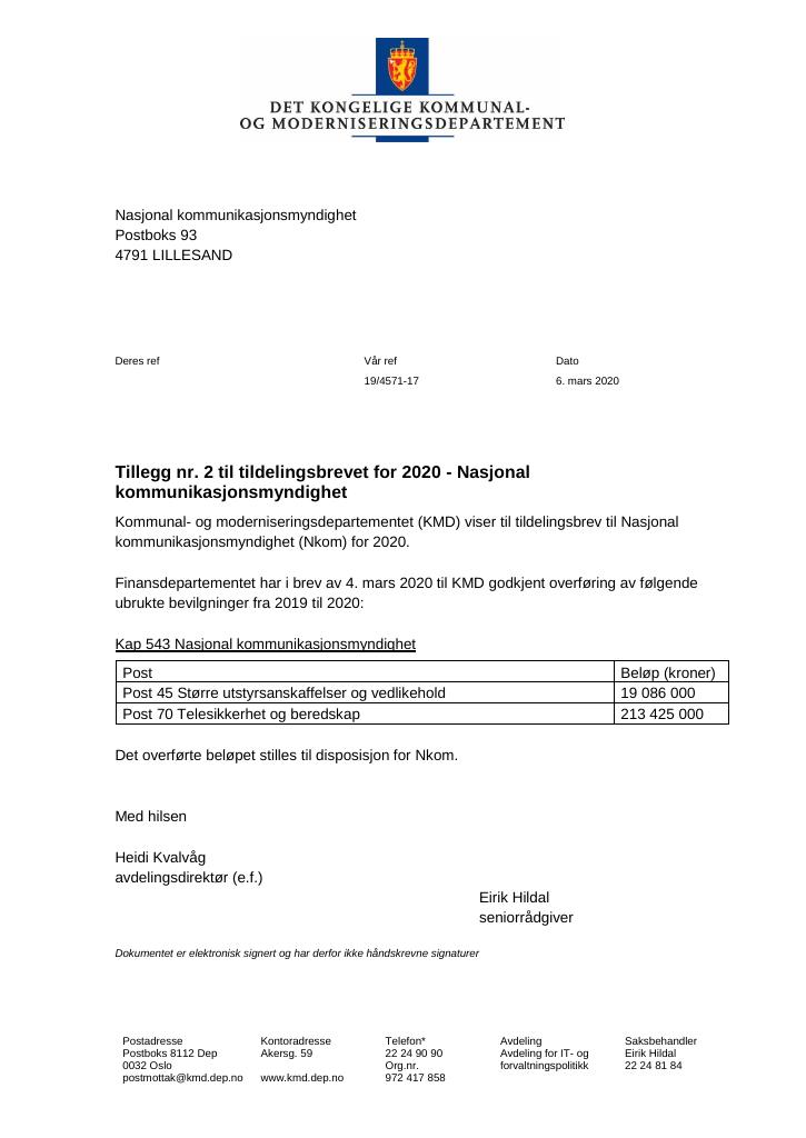 Forsiden av dokumentet Tildelingsbrev Nasjonal kommunikasjonsmyndighet 2020 - tillegg nr. 2