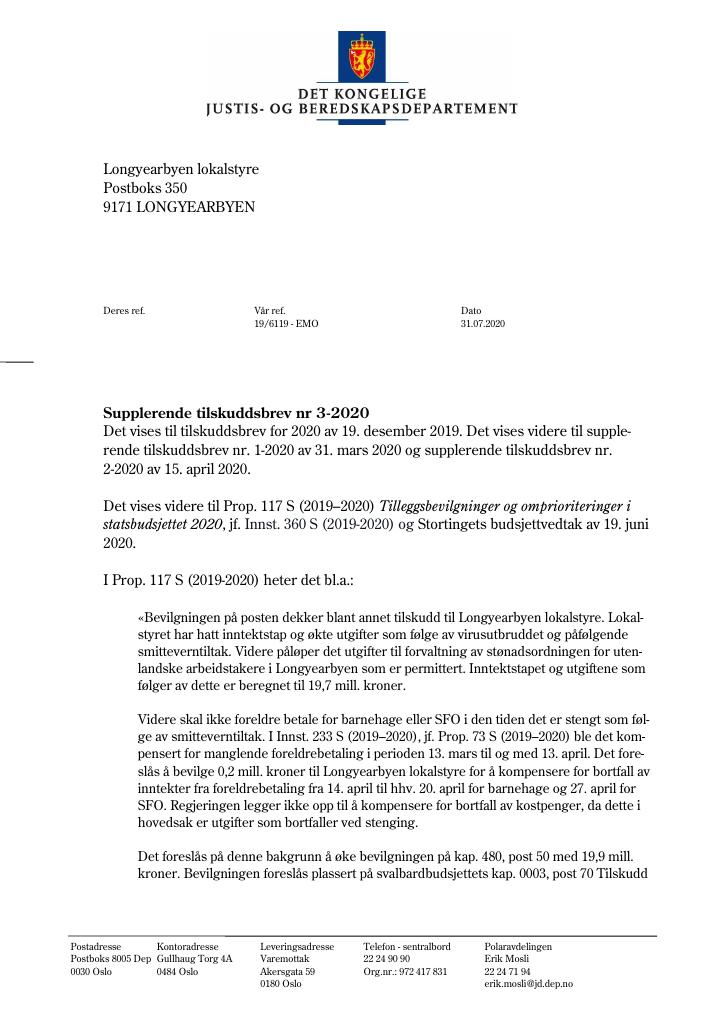 Forsiden av dokumentet Supplerende tilskuddsbrev nr. 3 (PDF)