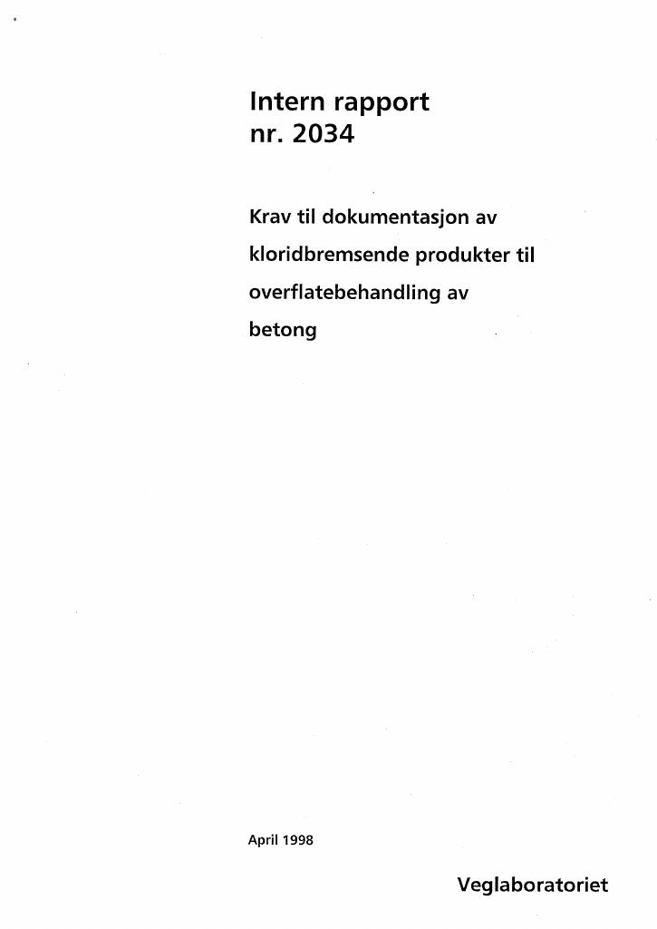 Forsiden av dokumentet Krav til dokumentasjon av kloridbremsende produkter til overflatebehandling av betong