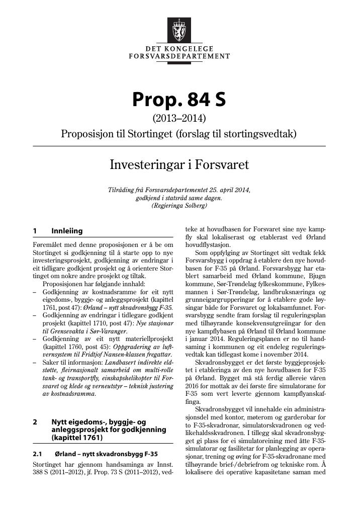 Forsiden av dokumentet Prop. 84 S (2013–2014)