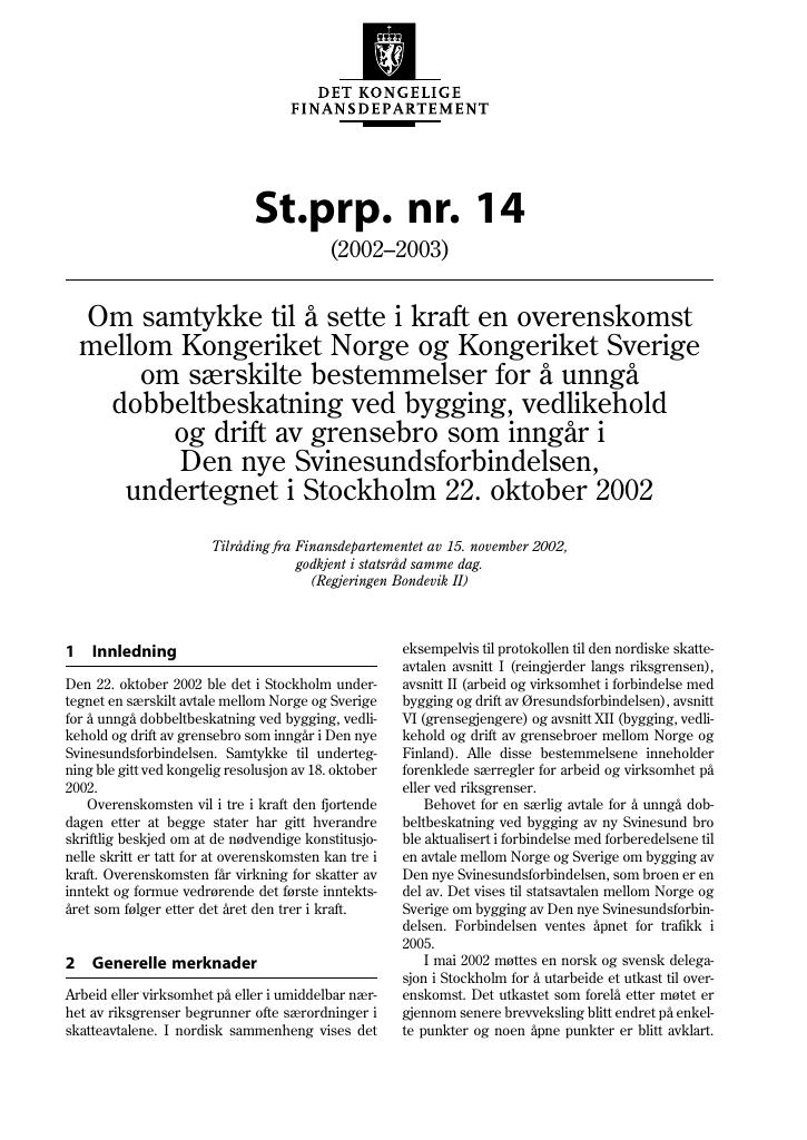 Forsiden av dokumentet St.prp. nr. 14 (2002-2003)