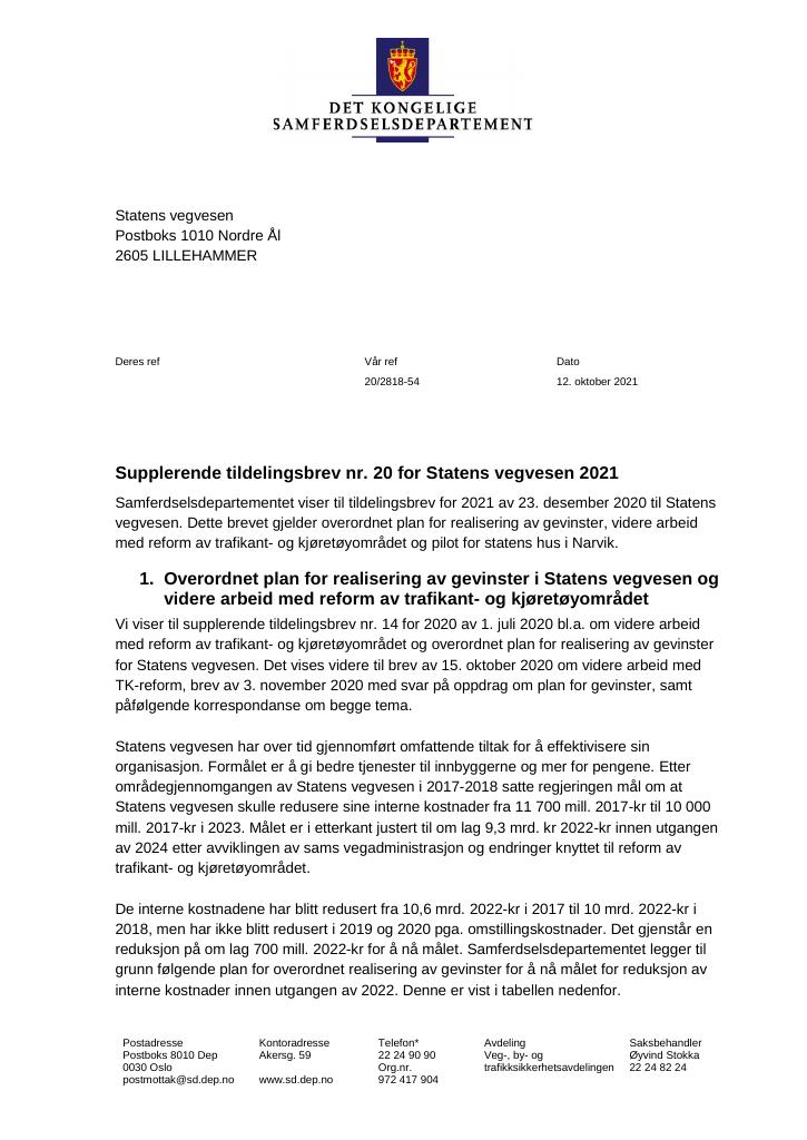 Forsiden av dokumentet Supplerende tildelingsbrev nr. 20 for Statens vegvesen 2021