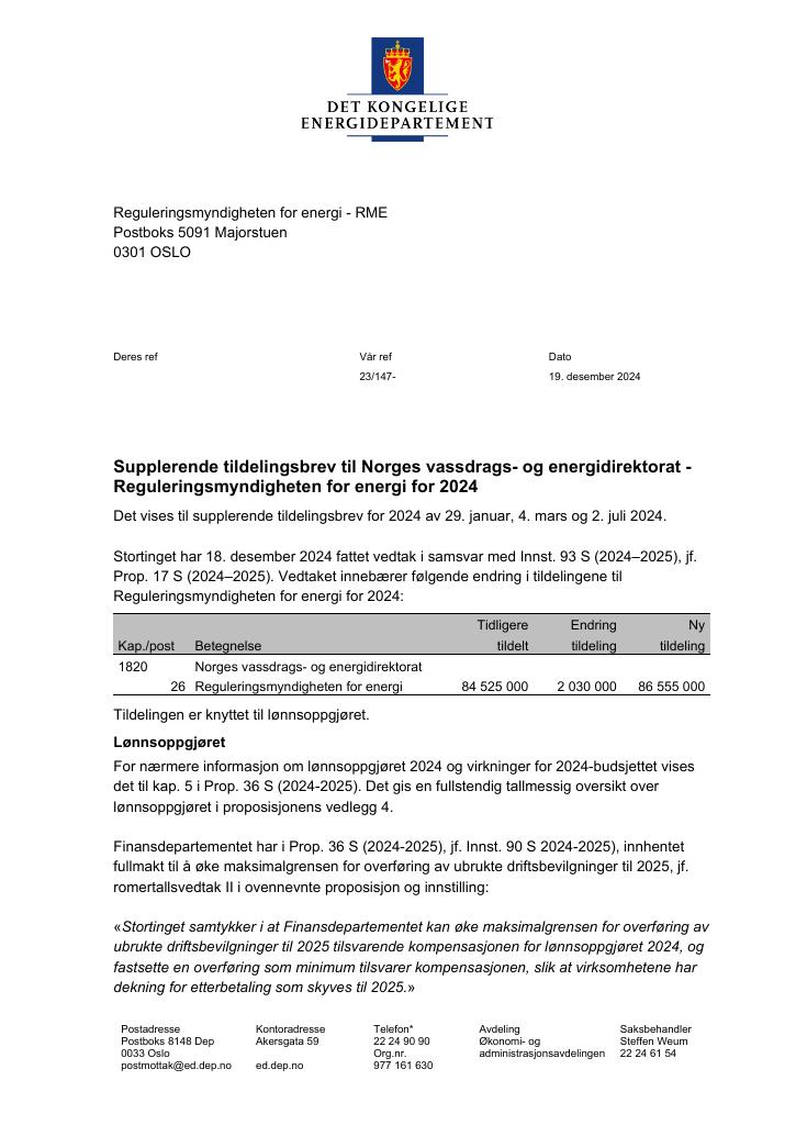 Forsiden av dokumentet Tildelingsbrev Reguleringsmyndigheten for energi (RME) 2024 - tillegg nr. 3