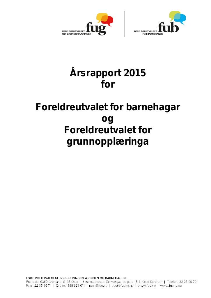 Forsiden av dokumentet Årsrapport Foreldreutvalget for grunnopplæringen og Foreldreutvalget for barnehager 2015