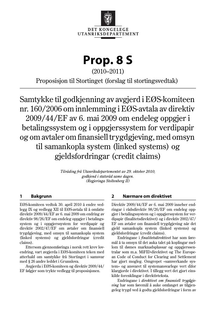 Forsiden av dokumentet Prop. 8 S (2010–2011)