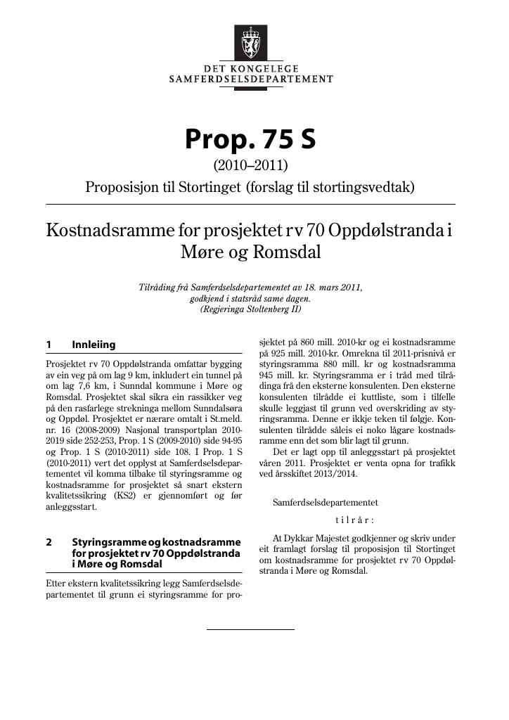 Forsiden av dokumentet Prop. 75 S (2010–2011)