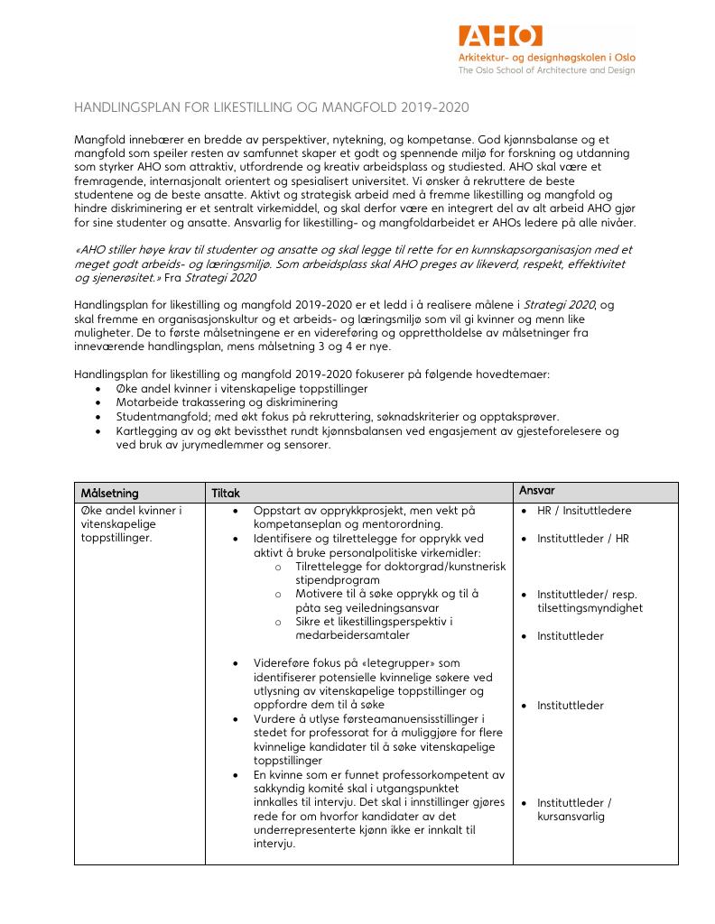 Forsiden av dokumentet HANDLINGSPLAN FOR LIKESTILLING OG MANGFOLD 2019-2020