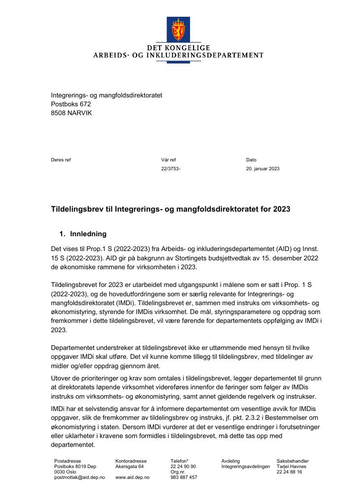 Forsiden av dokumentet Tildelingsbrev Integrerings- og mangfoldsdirektoratet 2023