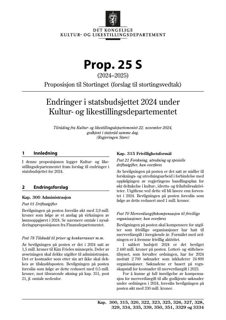 Forsiden av dokumentet Prop. 25 S (2024–2025)