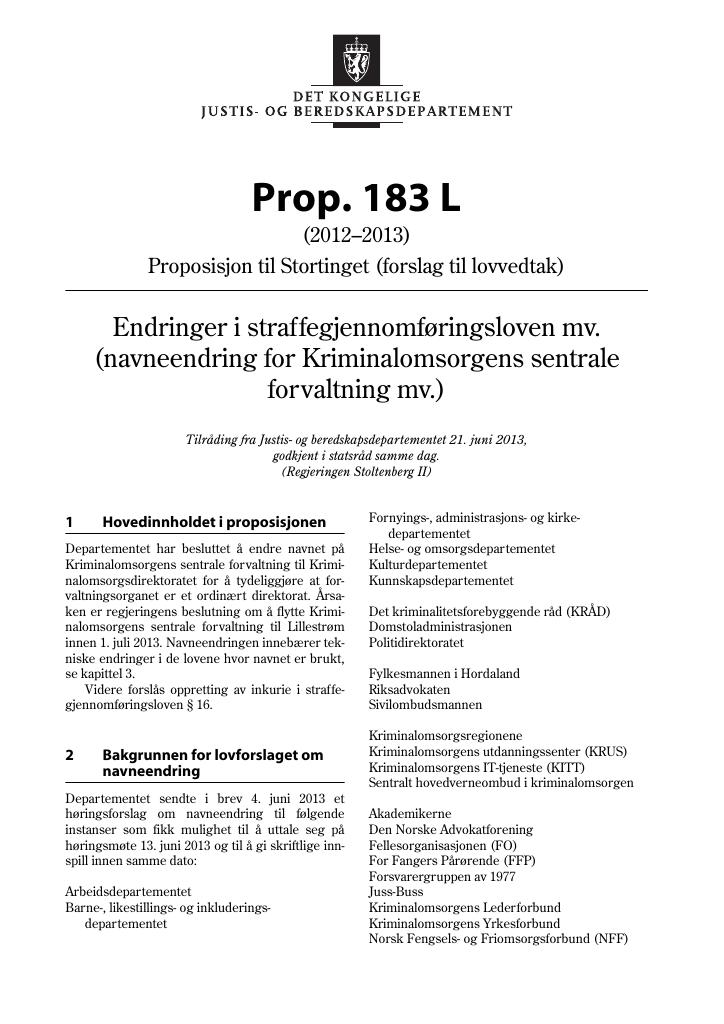 Forsiden av dokumentet Prop. 183 L (2012–2013)