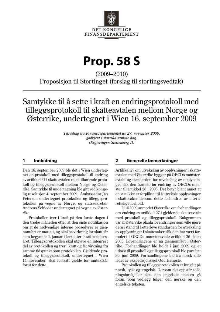 Forsiden av dokumentet Prop. 58 S (2009–2010)