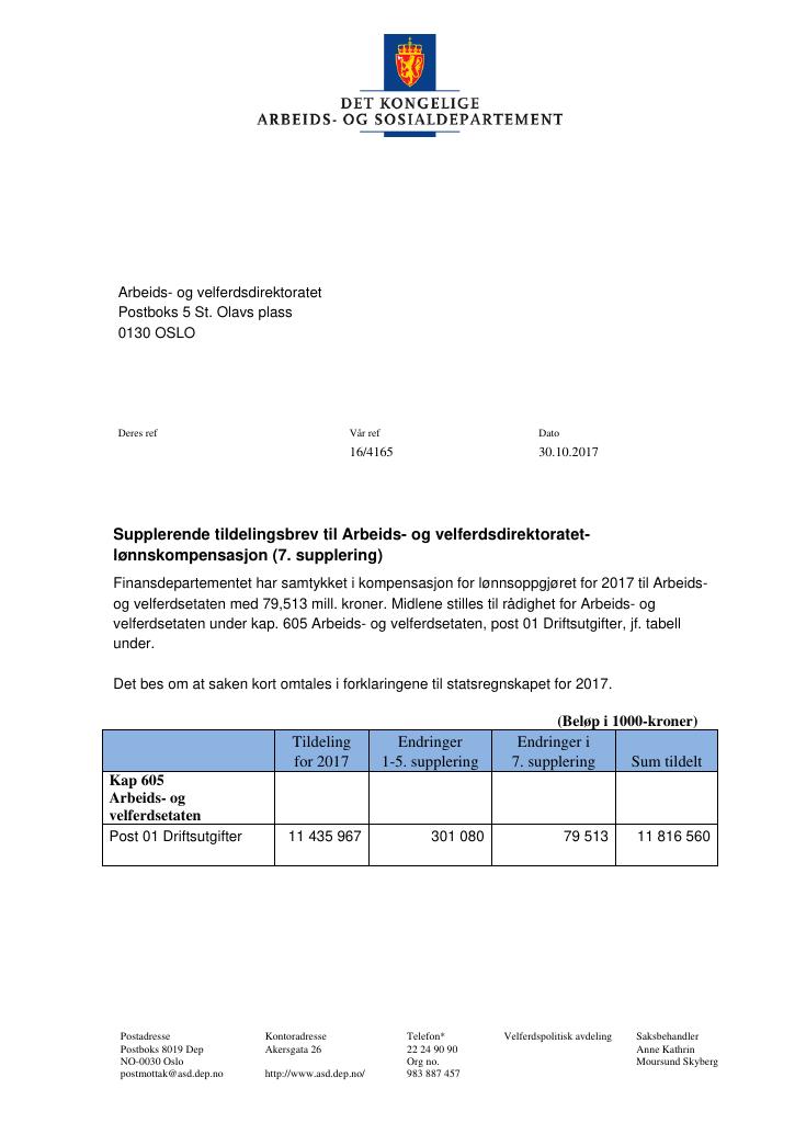 Forsiden av dokumentet Tildelingsbrev Arbeids- og velferdsdirektoratet 2017 - tillegg nr. 7