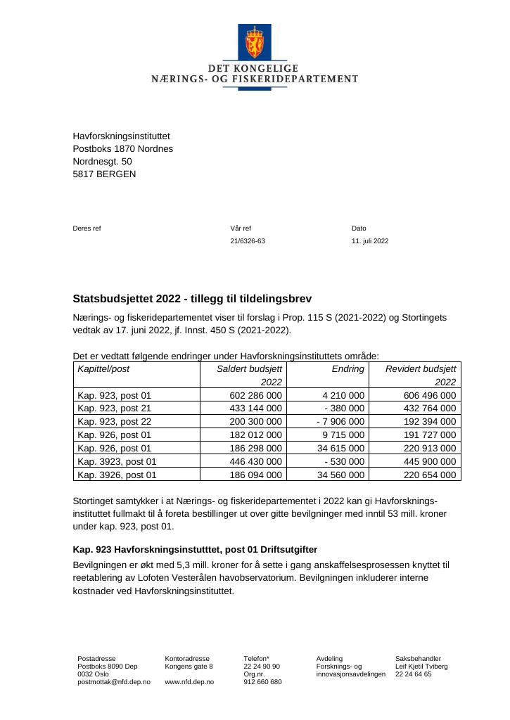 Forsiden av dokumentet Tildelingsbrev Havforskningsinstituttet 2022 - tillegg