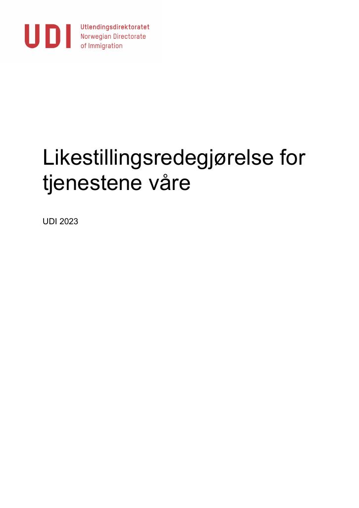 Forsiden av dokumentet Likestillingsredegjørelse for tjenestene våre - UDI 2023