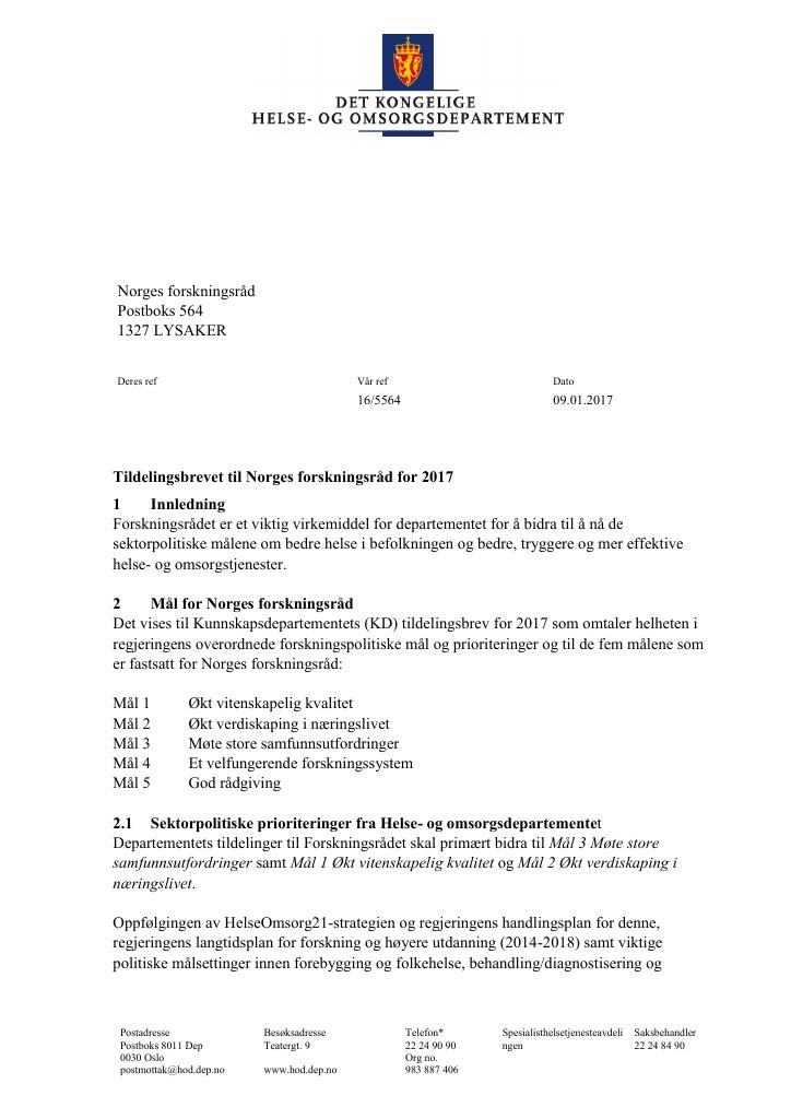 Forsiden av dokumentet Tildelingsbrev (pdf)