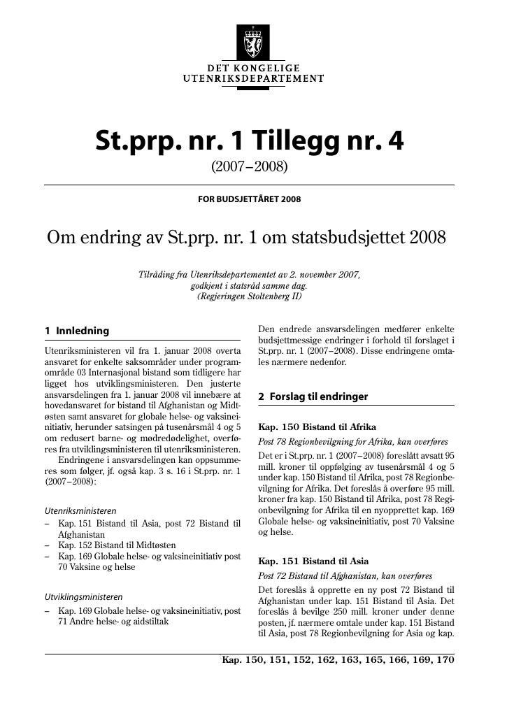 Forsiden av dokumentet St.prp nr. 1 Tillegg nr. 4 (2007-2008)