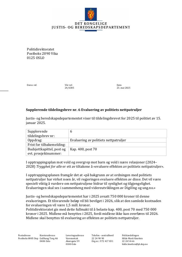 Forsiden av dokumentet Tildelingsbrev Politiet 2025 - tillegg nr. 2