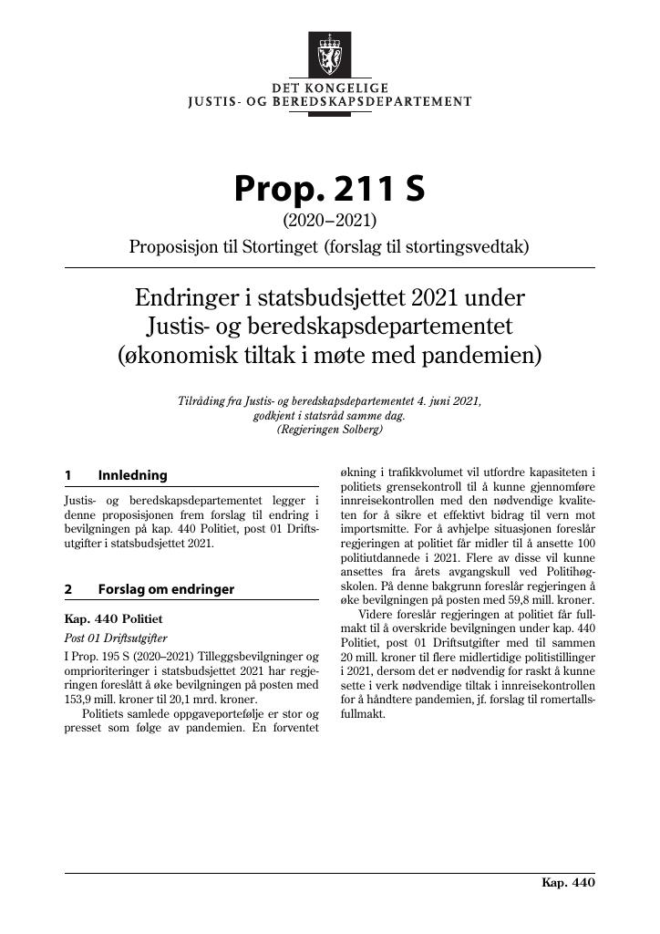 Forsiden av dokumentet Prop. 211 S (2020–2021)