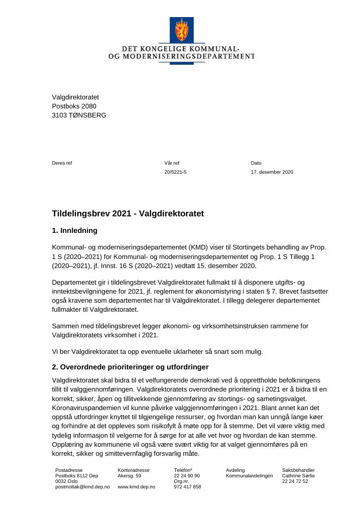 Forsiden av dokumentet Tildelingsbrev Valgdirektoratet 2021