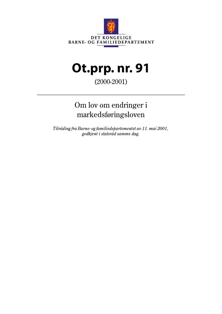 Forsiden av dokumentet Ot.prp. nr. 91 (2000-2001)