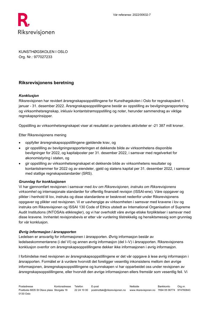 Forsiden av dokumentet Revisjonsberetning Kunsthøgskolen i Oslo 2022
