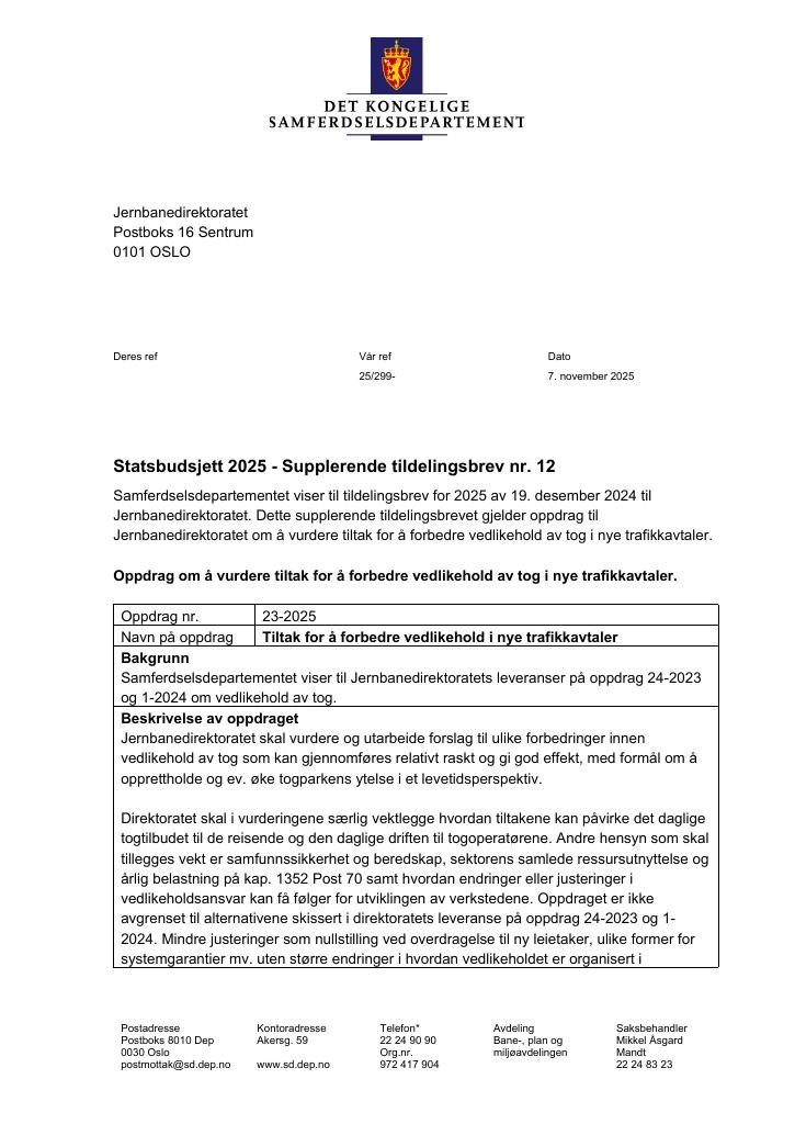 Forsiden av dokumentet Tildelingsbrev Jernbanedirektoratet 2025 - tillegg nr. 12