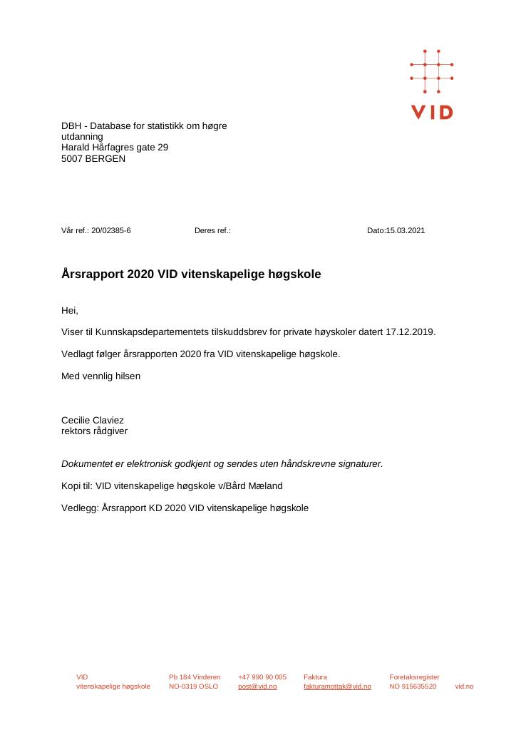 Forsiden av dokumentet Årsrapport VID vitenskapelige høgskole 2020