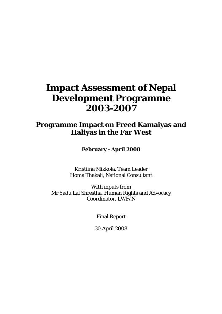 Forsiden av dokumentet Impact Assessment of Nepal Development Programme 2003-2007