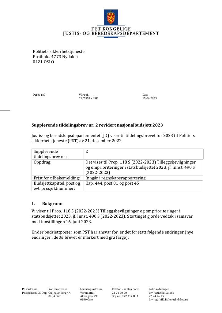 Forsiden av dokumentet Tildelingsbrev Politiets sikkerhetstjeneste 2023 - tillegg nr. 2