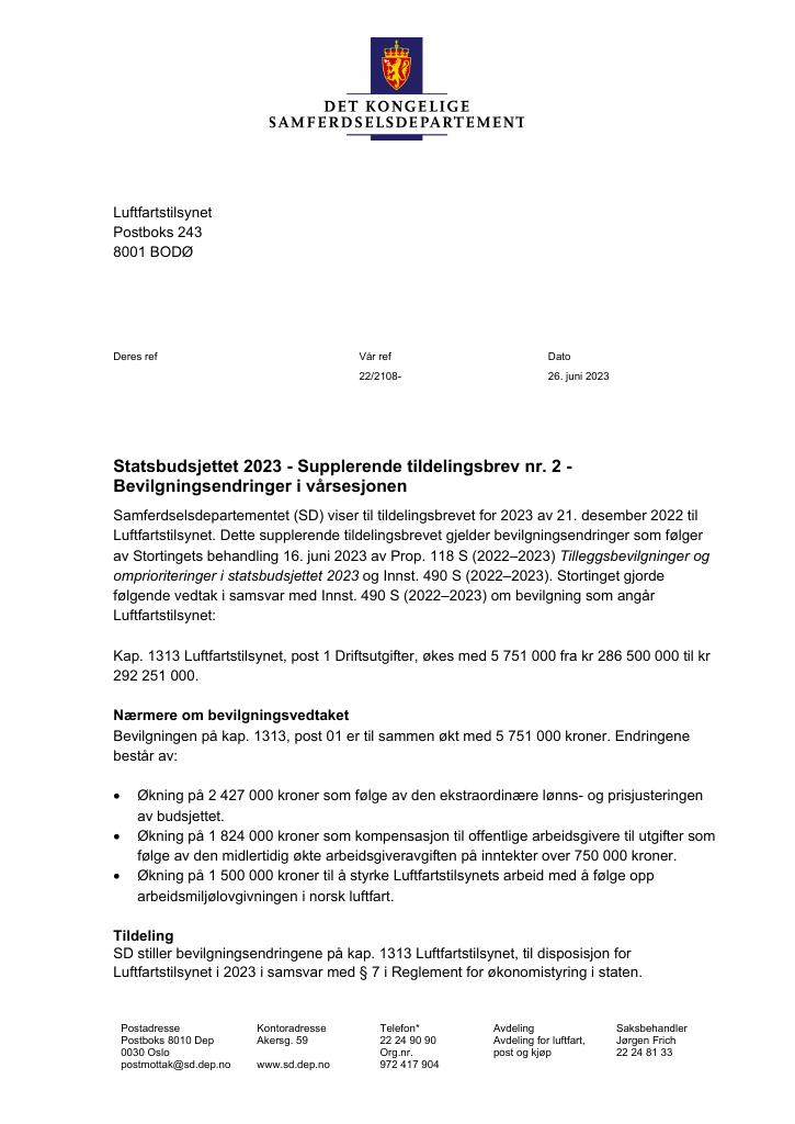 Forsiden av dokumentet Tildelingsbrev Luftfartstilsynet 2023 - tillegg nr. 2