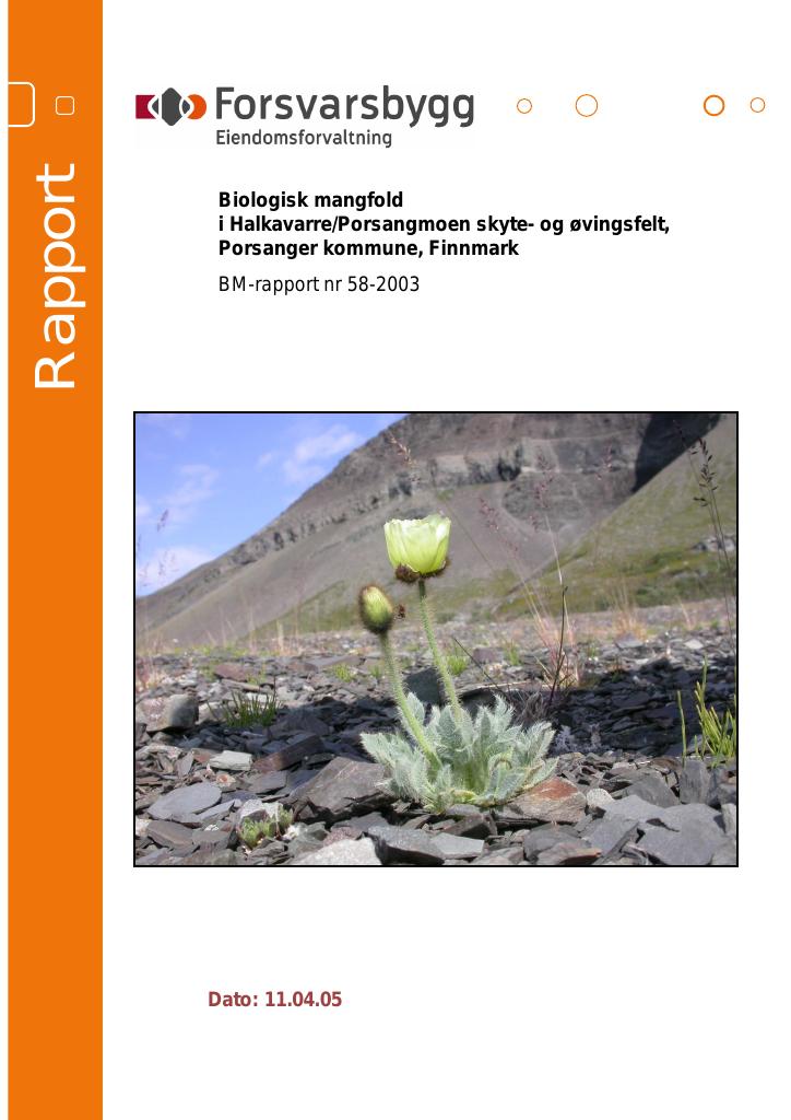 Forsiden av dokumentet Biologisk mangfold i Halkavarre/Porsangmoen skyte- og øvingsfelt, Porsanger kommune, Finnmark :