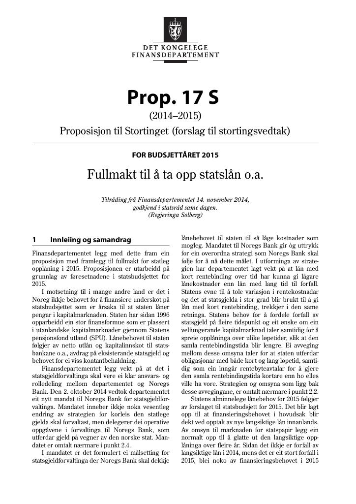 Forsiden av dokumentet Prop. 17 S  (2014–2015)