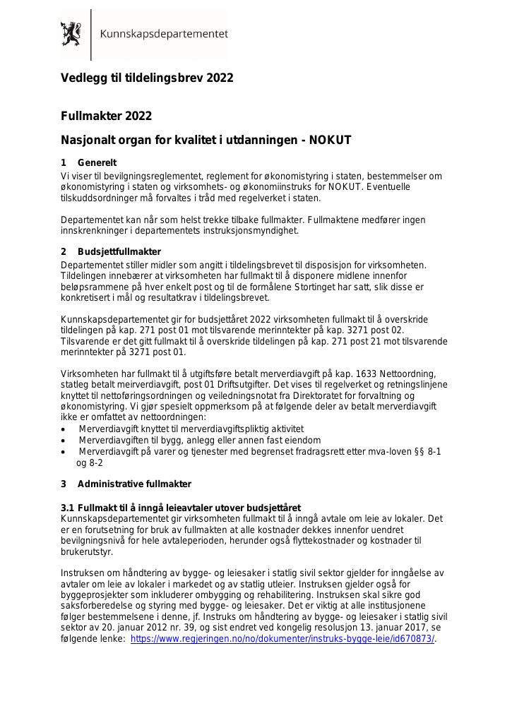 Forsiden av dokumentet Tildelingsbrev NOKUT 2022 - vedlegg