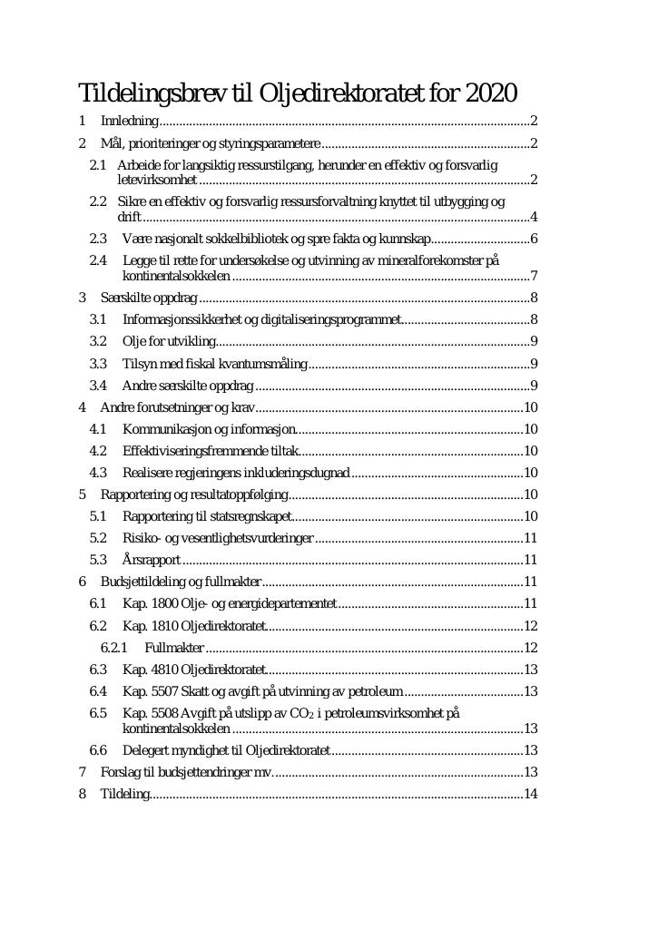 Forsiden av dokumentet Tildelingsbrev Oljedirektoratet 2020