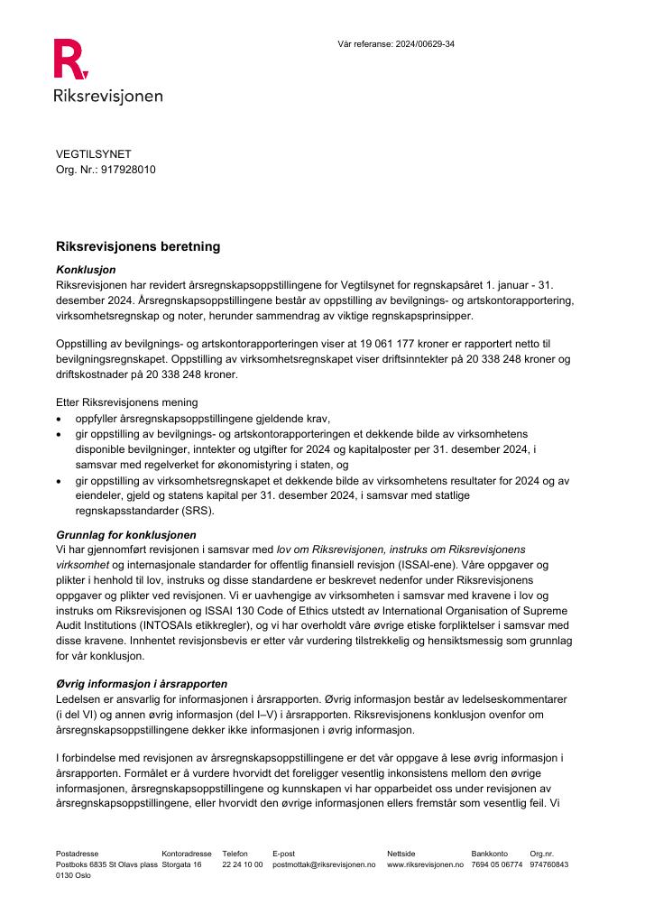 Forsiden av dokumentet Revisjonsberetning Vegtilsynet 2024