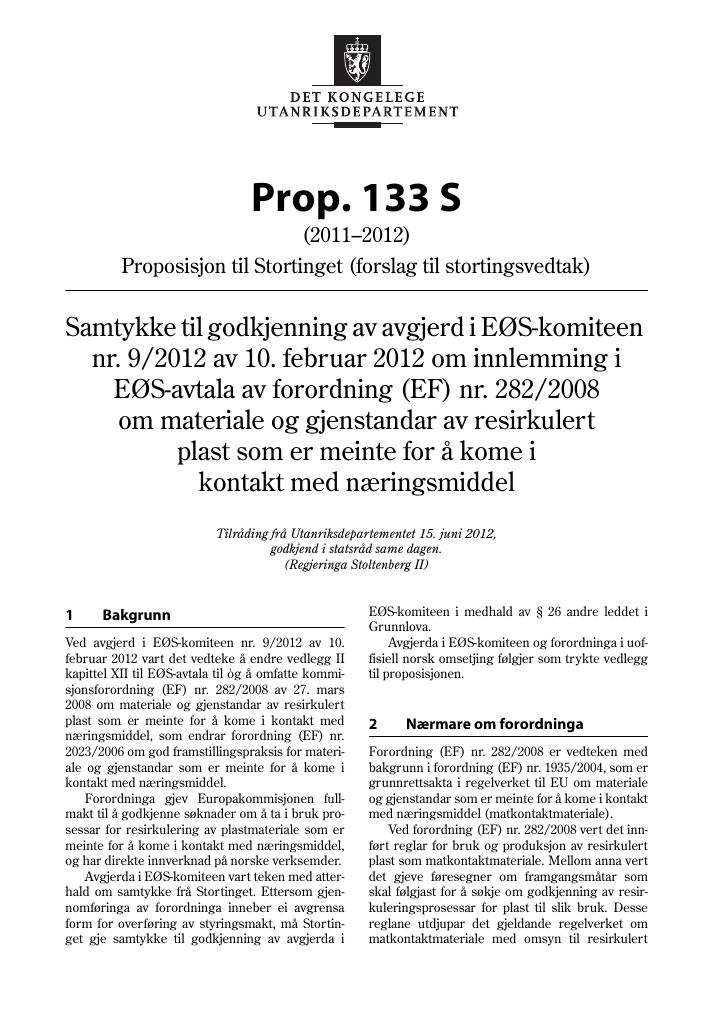 Forsiden av dokumentet Prop. 133 S (2011–2012)