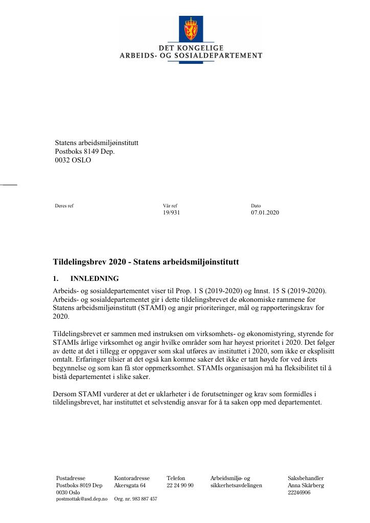 Forsiden av dokumentet Tildelingsbrev Statens arbeidsmiljøinstitutt 2020