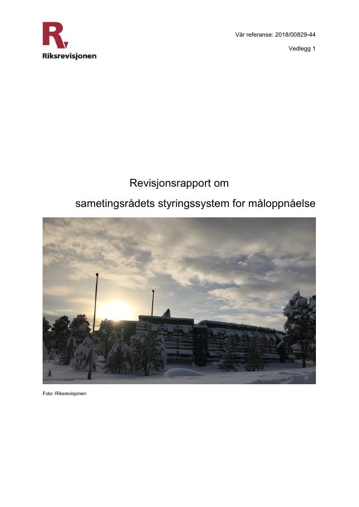 Forsiden av dokumentet Revisjonsrapport om sametingsrådets styringssystem for måloppnåelse